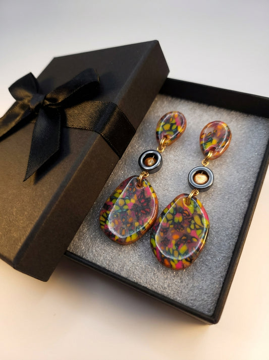 Multicolour Clay Statement Earrings with Hematite & Freshwater Pearls