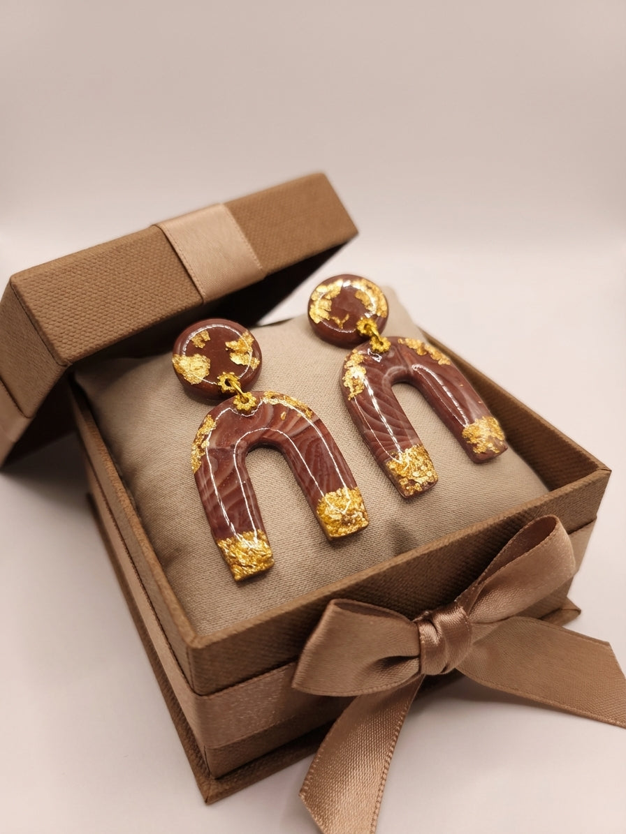 Chocolate & Gold Clay Arch Earrings – Handmade Statement Earrings