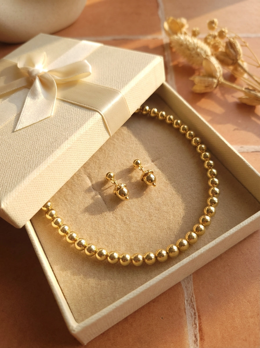 Gold-Plated Beaded Necklace and Stud Earrings Set