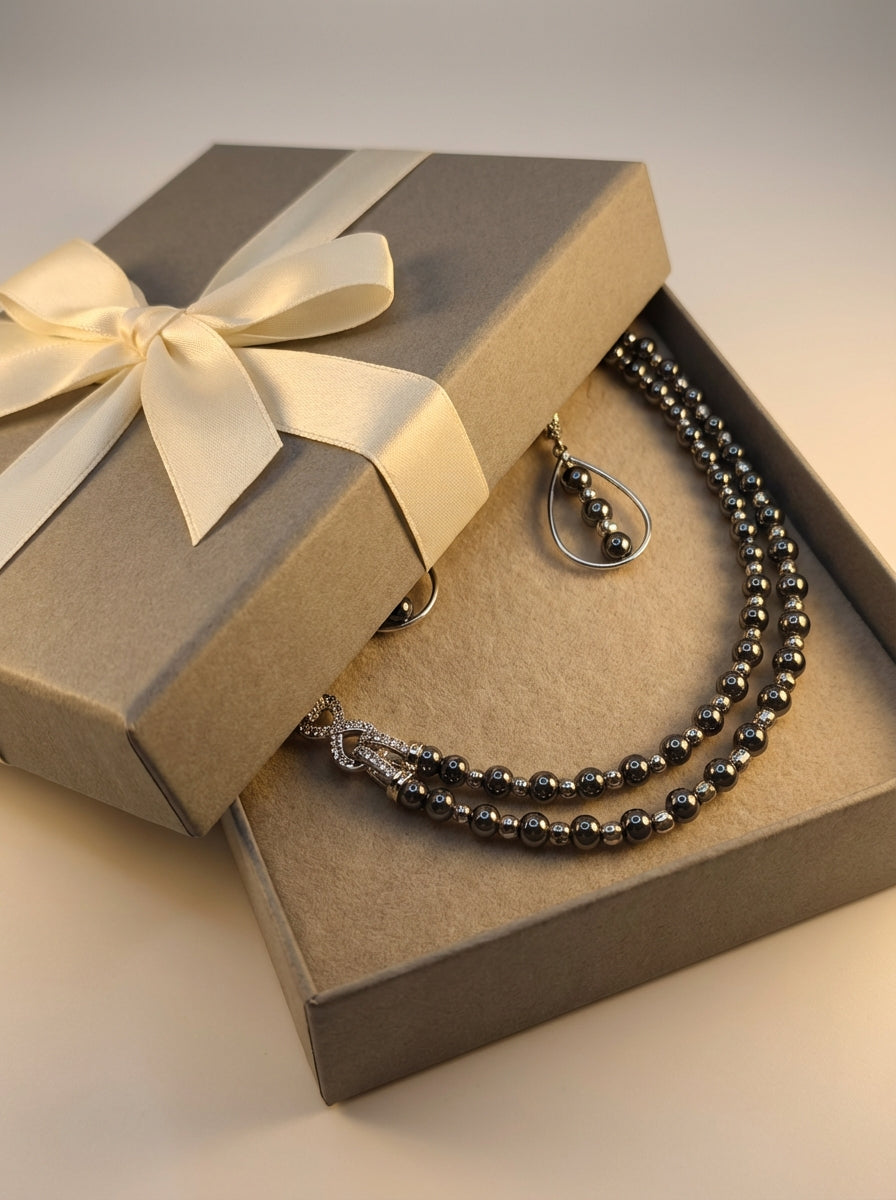 Hematite & Silver Necklace and Earrings Set