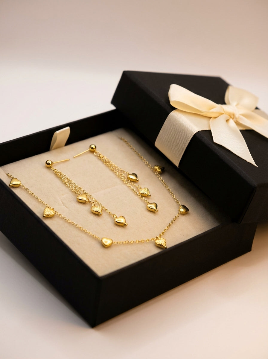 Gold-Plated Heart Charm Jewelry Set - Necklace, Bracelet & Earrings