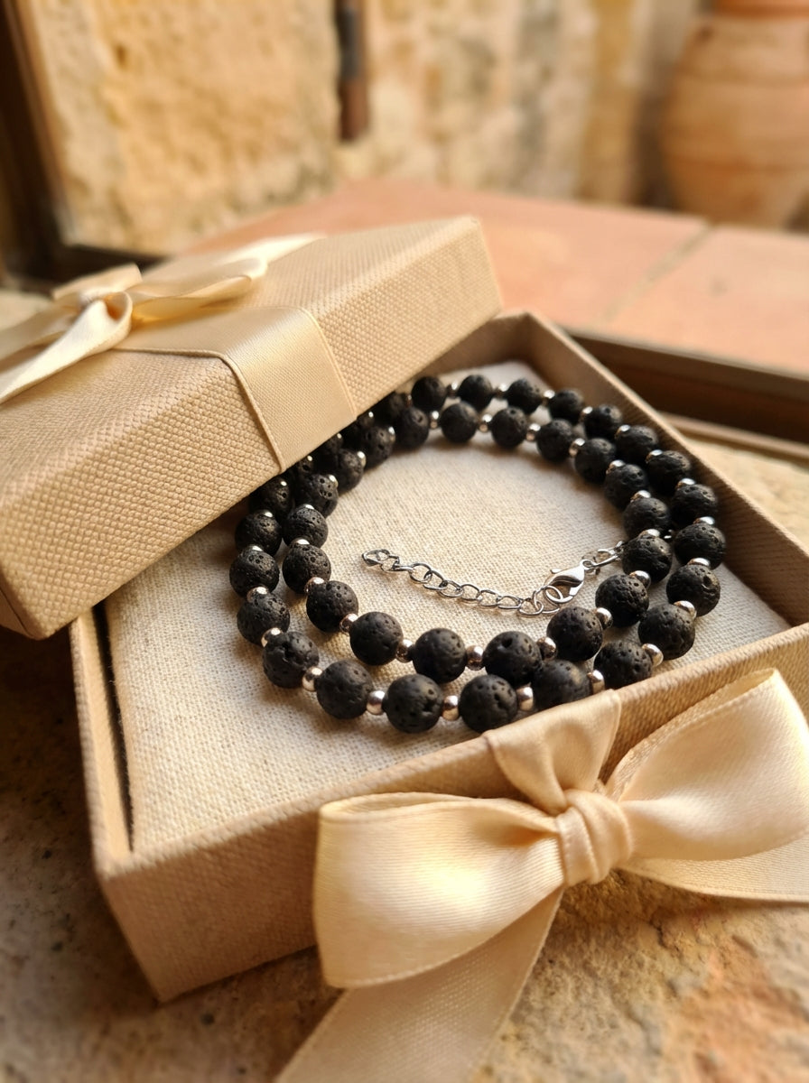 Lava Stone &amp; Silver Acrylic Beaded Necklace