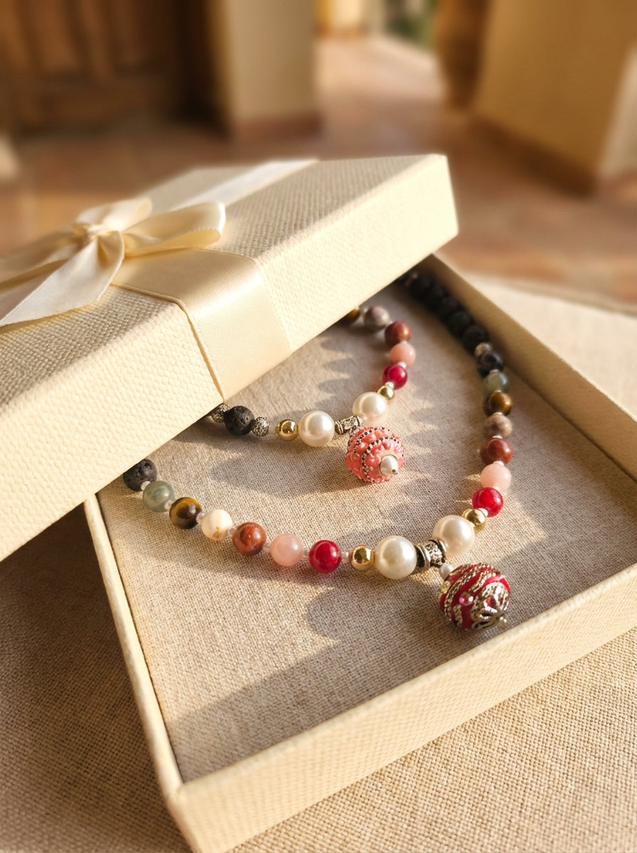Handcrafted Gemstone & Pearl Beaded Necklace with Ornate Red Pendant