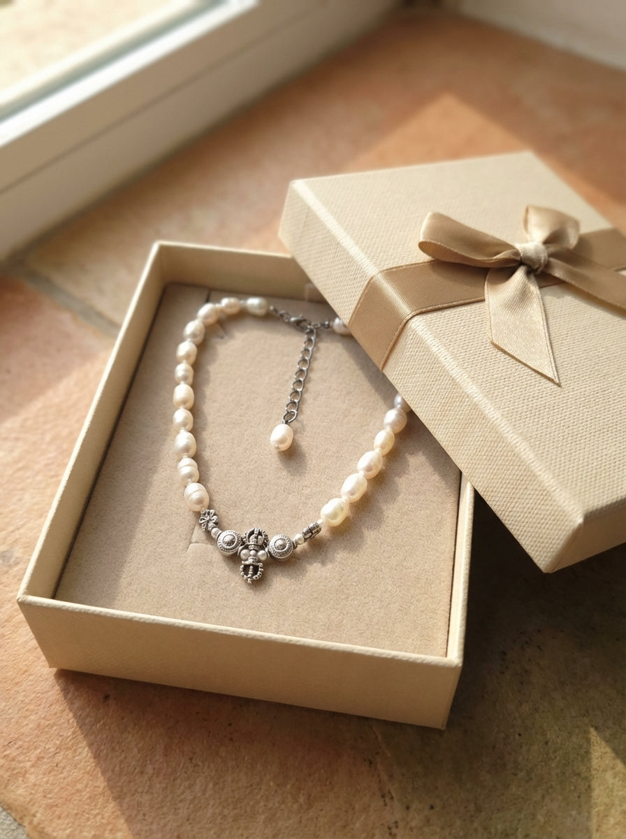 Freshwater Pearl Necklace with Silver Floral Accents