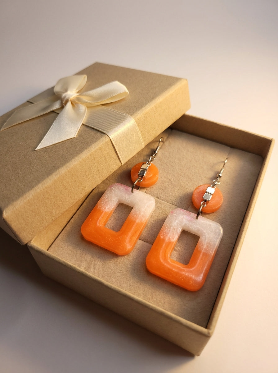 Orange & White Resin Drop Earrings with Glitter