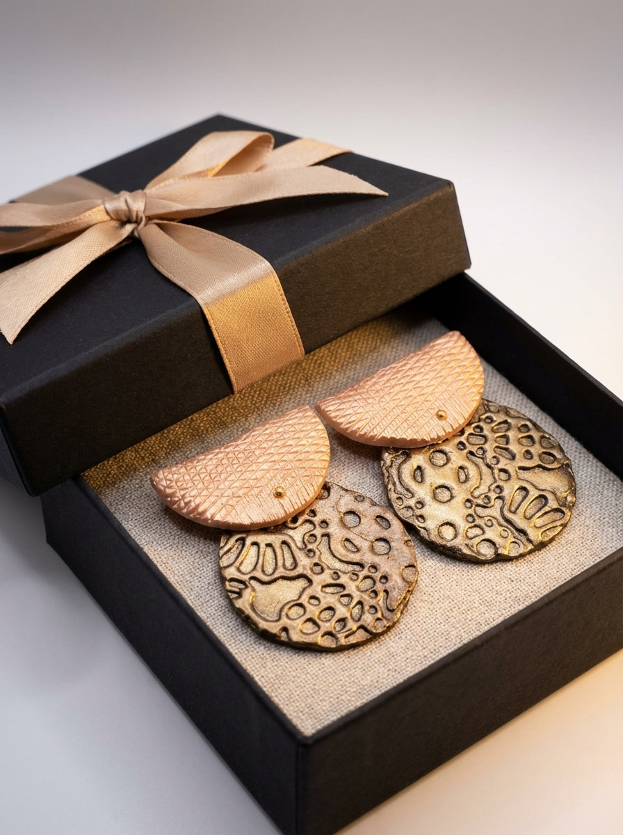 Rose Pink Metallic and Gold Textured Disc Earrings