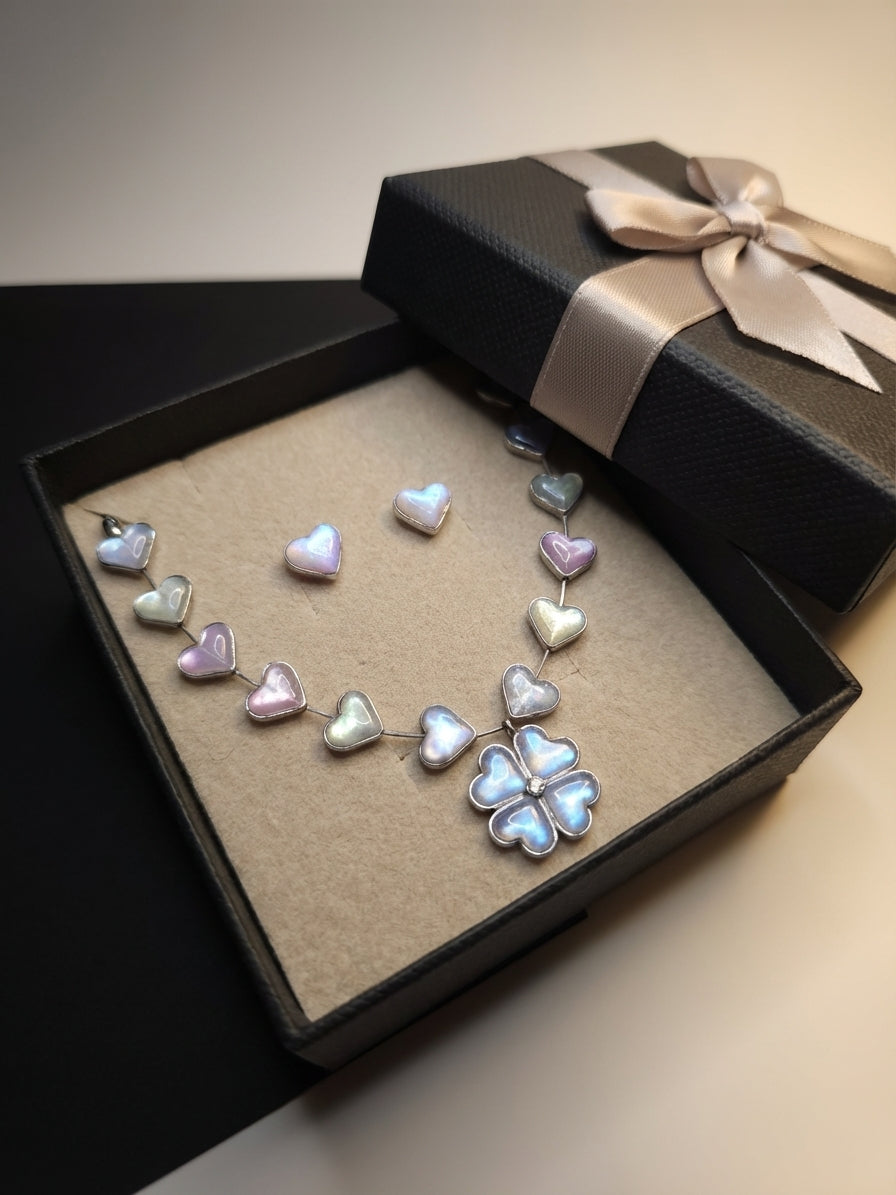 Irediscent Pastel Hearts Jewellery Set – Necklace & Stud Earrings