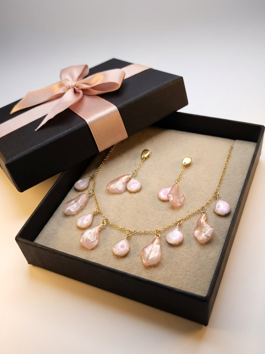 Blush Teardrop Resin Jewellery Set Necklace and Drop Earrings