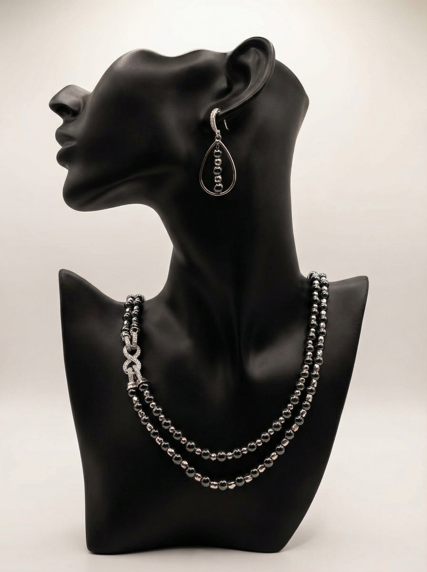 Midnight Hematite Double-Strand Necklace Set on display bust