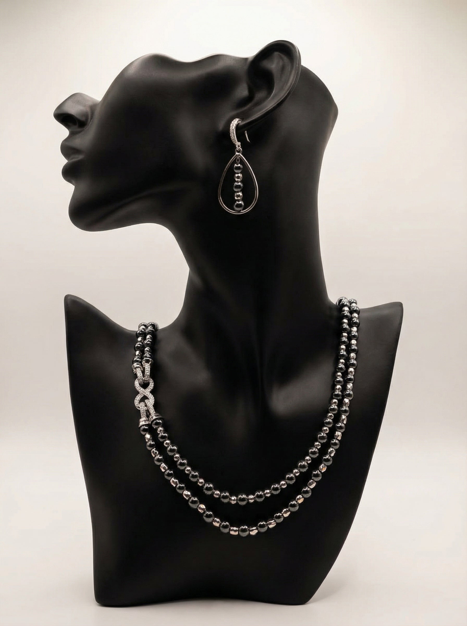 Midnight Hematite Double-Strand Necklace Set on display bust