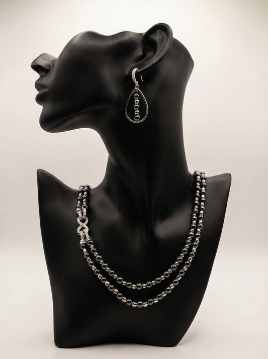Midnight Hematite Double-Strand Necklace Set on display bust