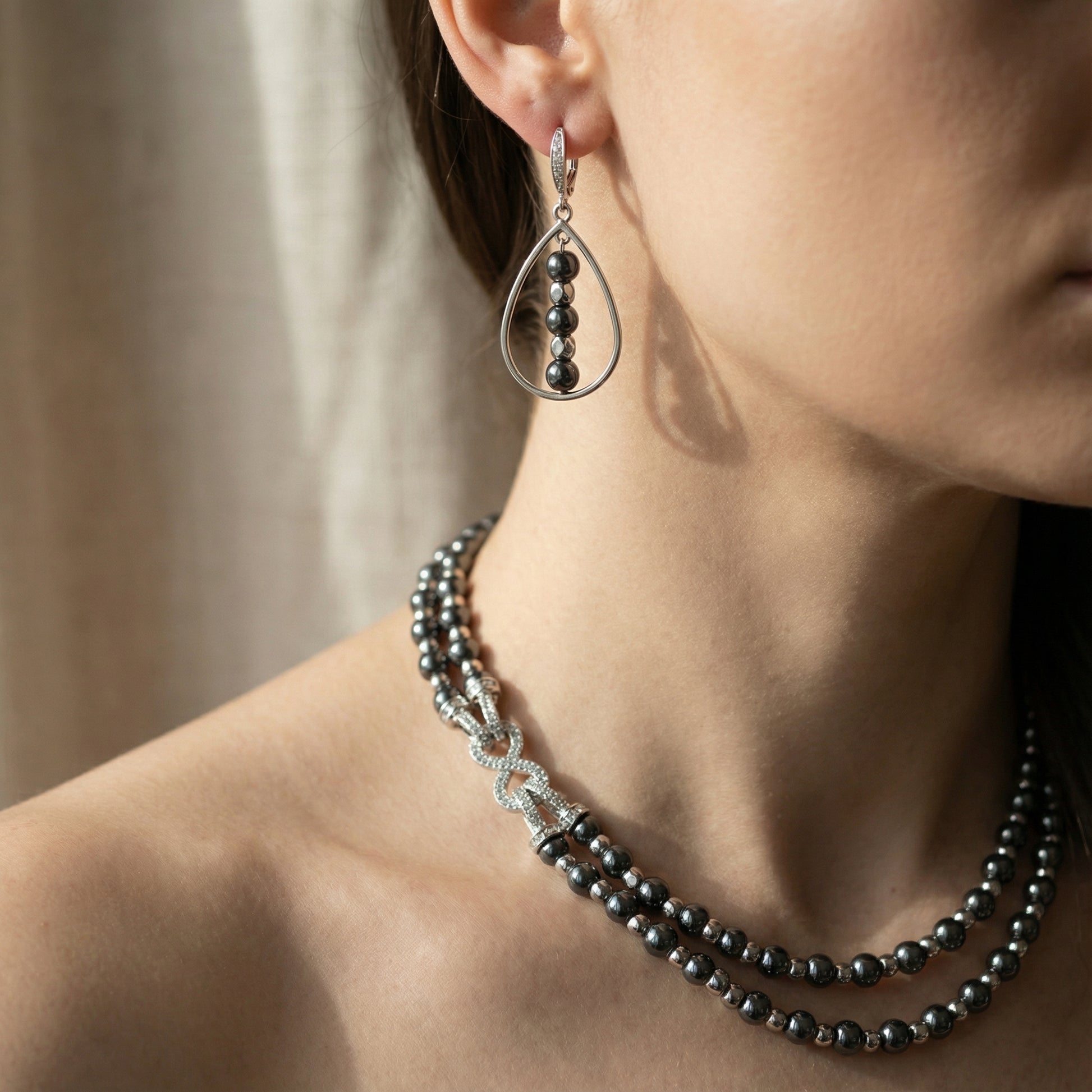 Midnight Hematite teardrop earrings closeup