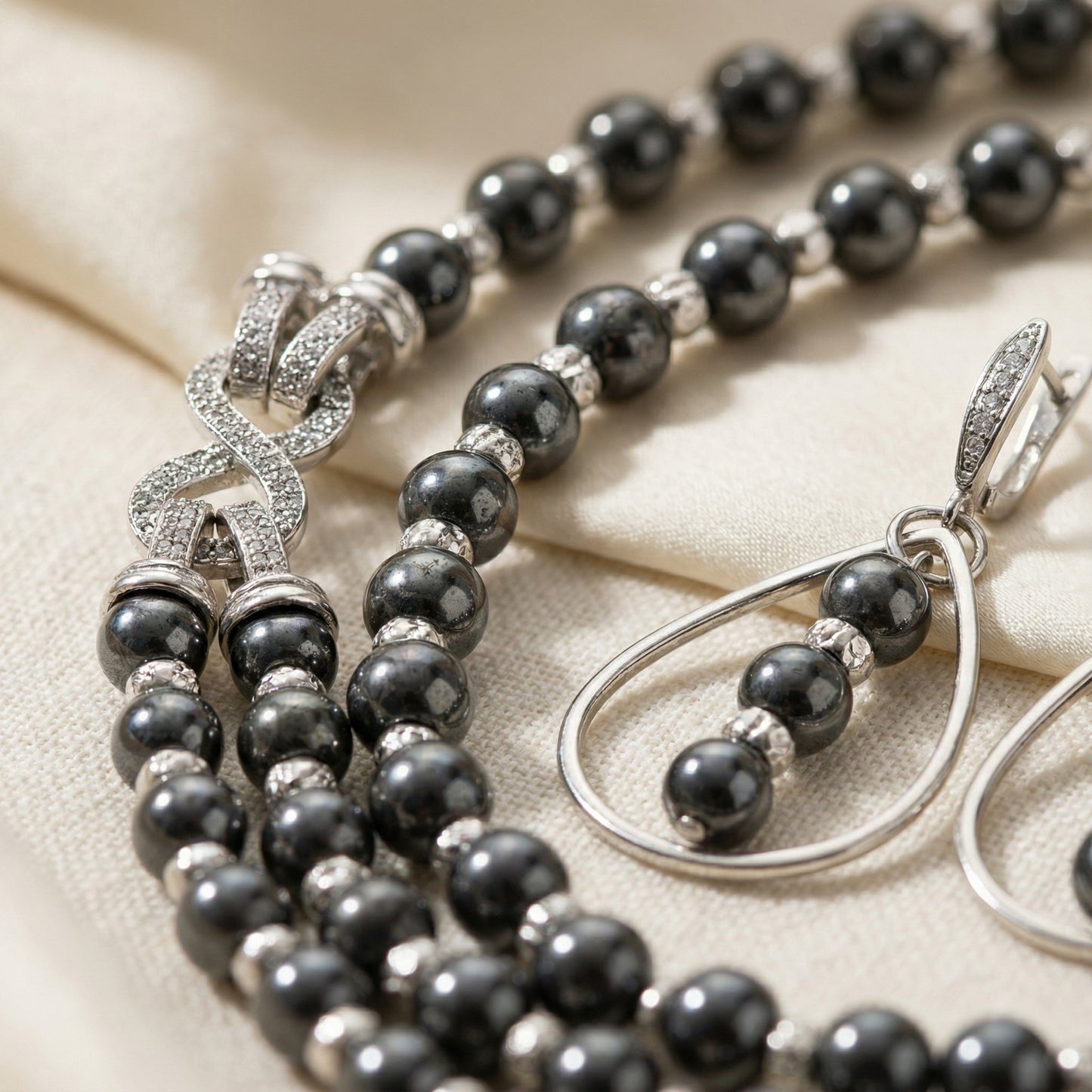 Midnight Hematite beads macro closeup