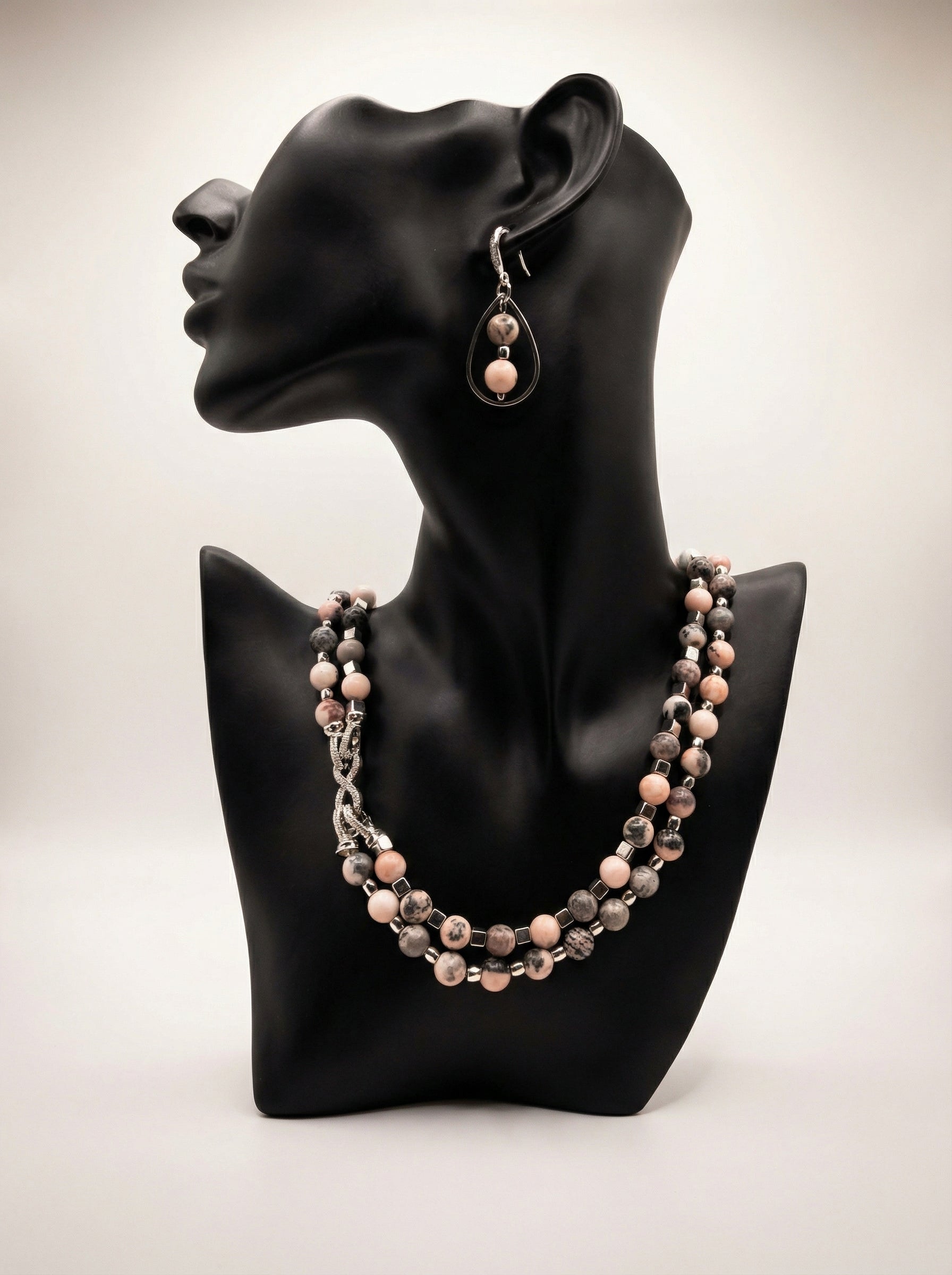 Blush Jasper & Pewter Double-Strand Necklace Set on display bust