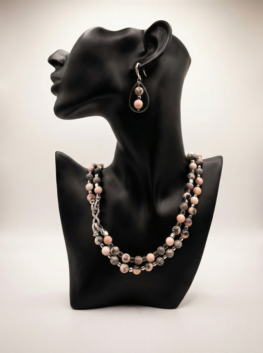 Blush Jasper & Pewter Double-Strand Necklace Set on display bust