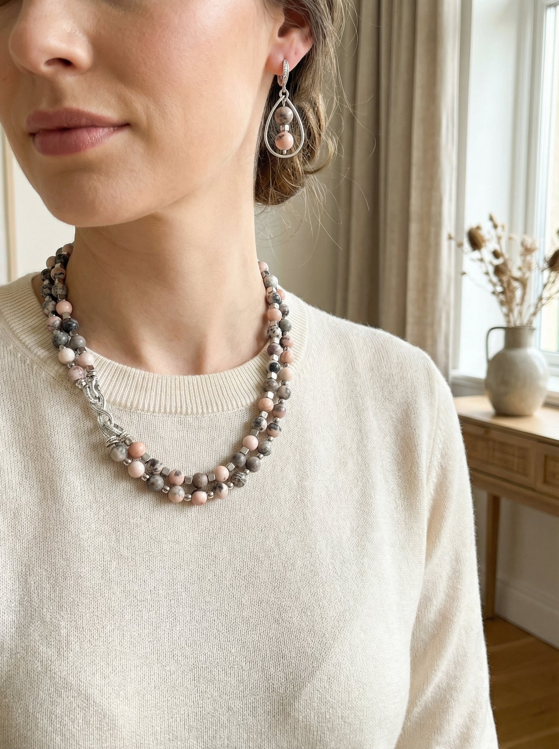 Model wearing Blush Jasper necklace