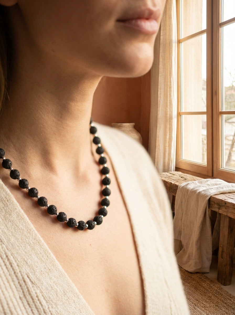 Lava Stone &amp; Silver Acrylic Beaded Necklace