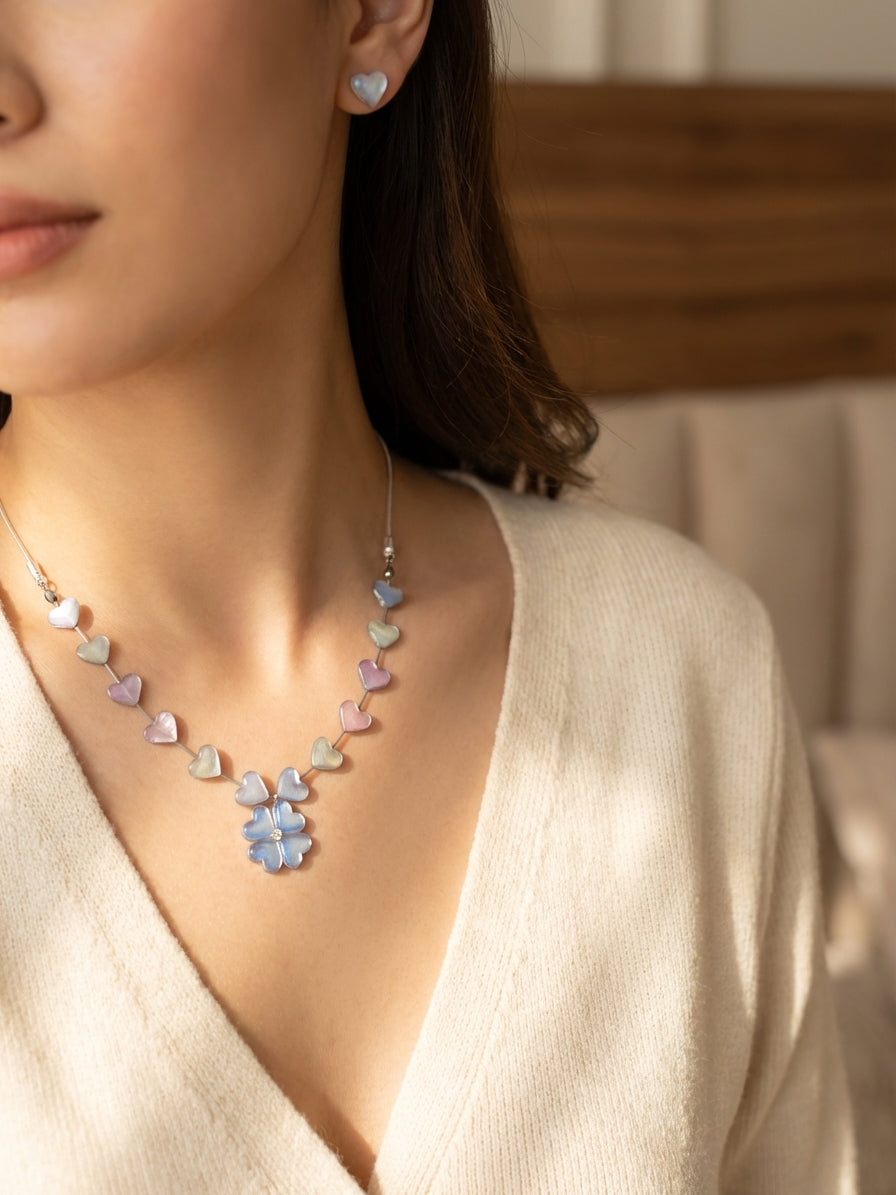 Irediscent Pastel Hearts Jewellery Set – Necklace & Stud Earrings