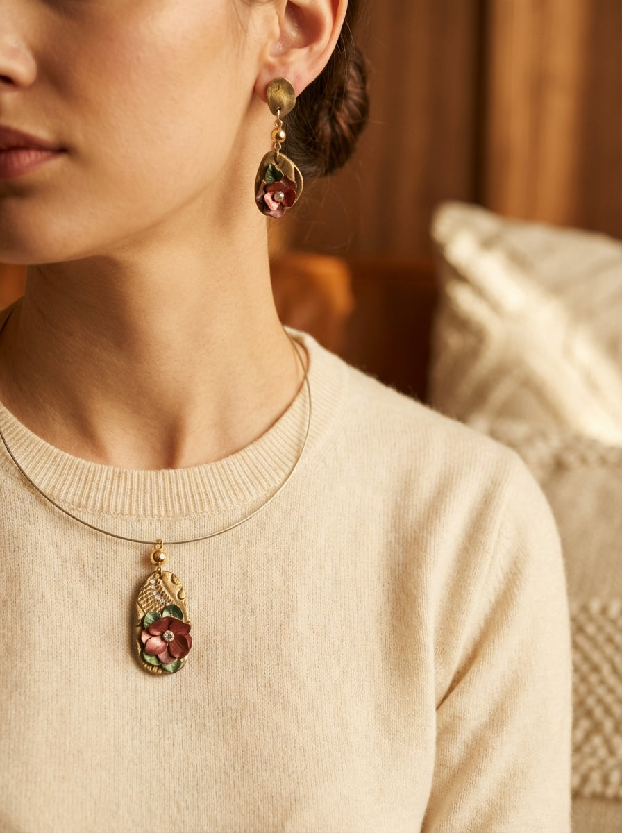 Handcrafted Clay Floral Necklace & Earrings Set with Gold Accents