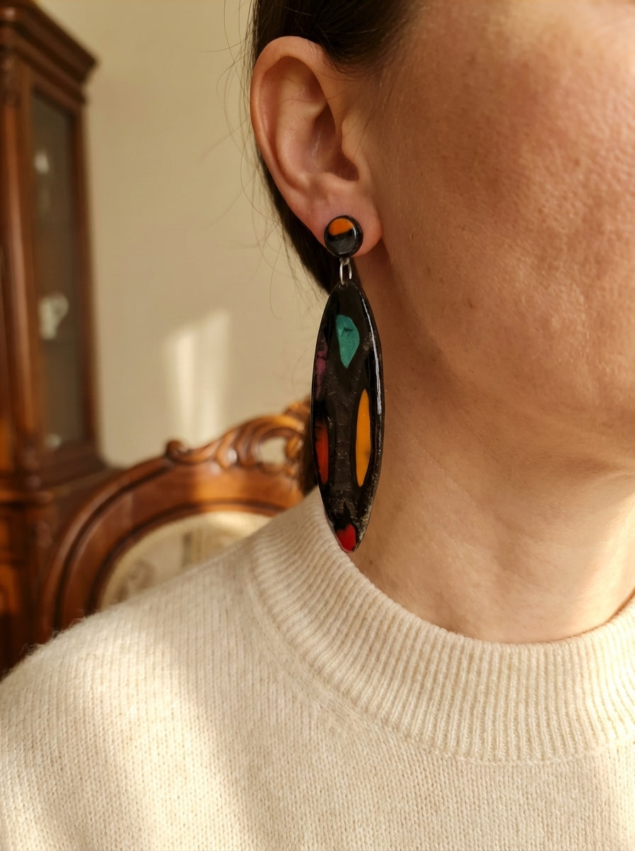 Long Earrings with Metallic Black, Orange, Red and Teal Accents