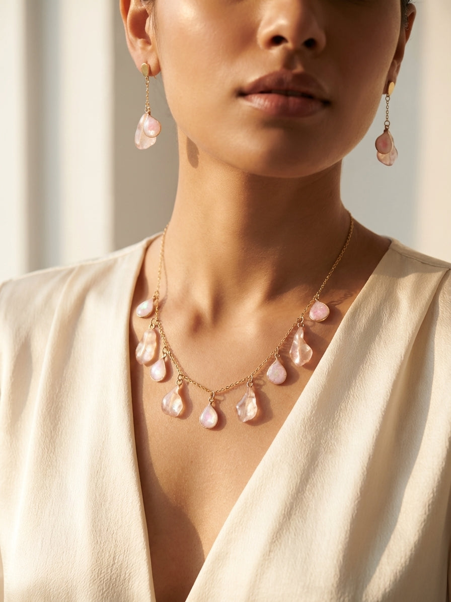 Blush Teardrop Resin Jewellery Set Necklace and Drop Earrings