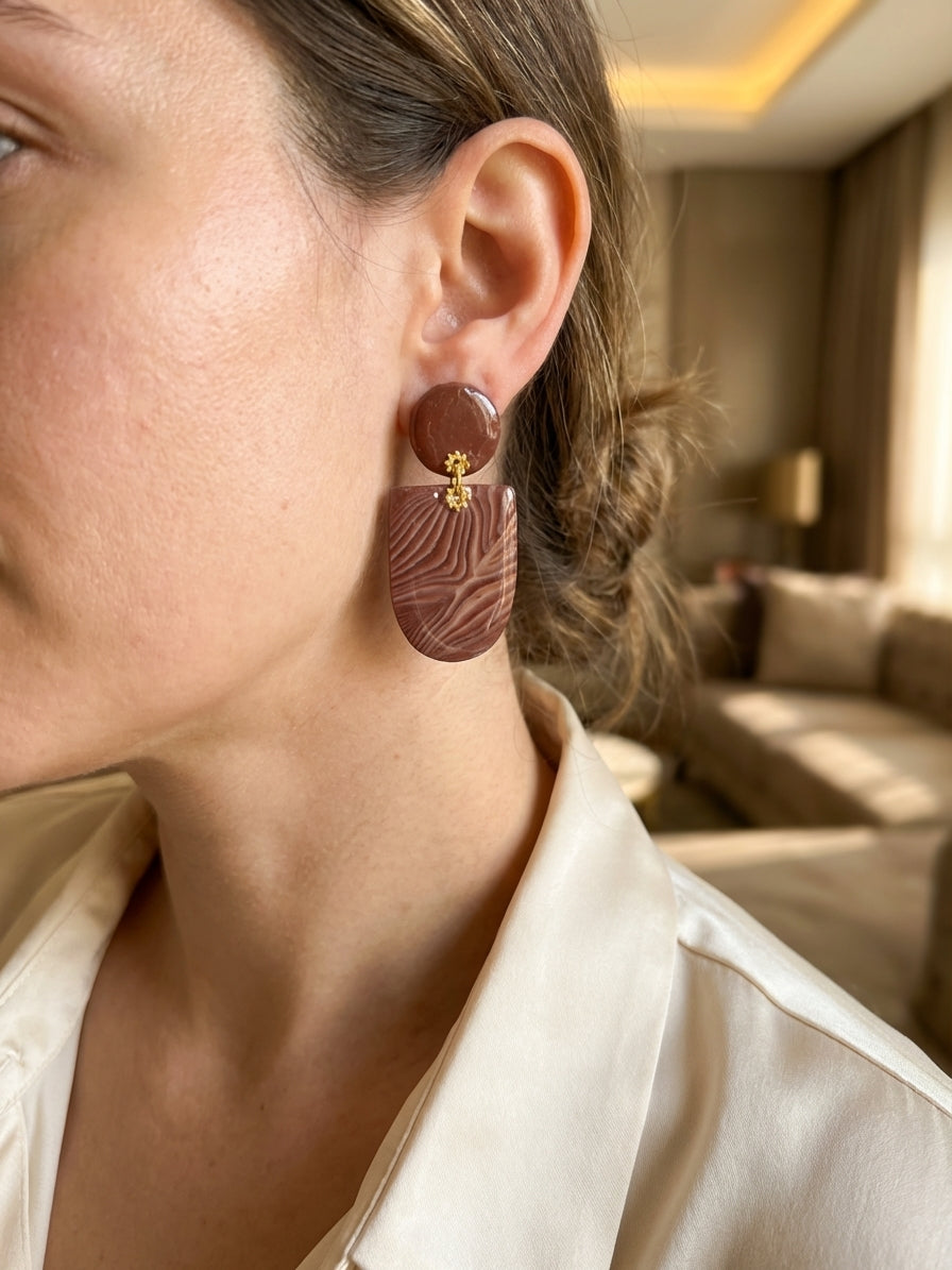 Mocha Shield Clay Earrings – Handmade Statement Earrings