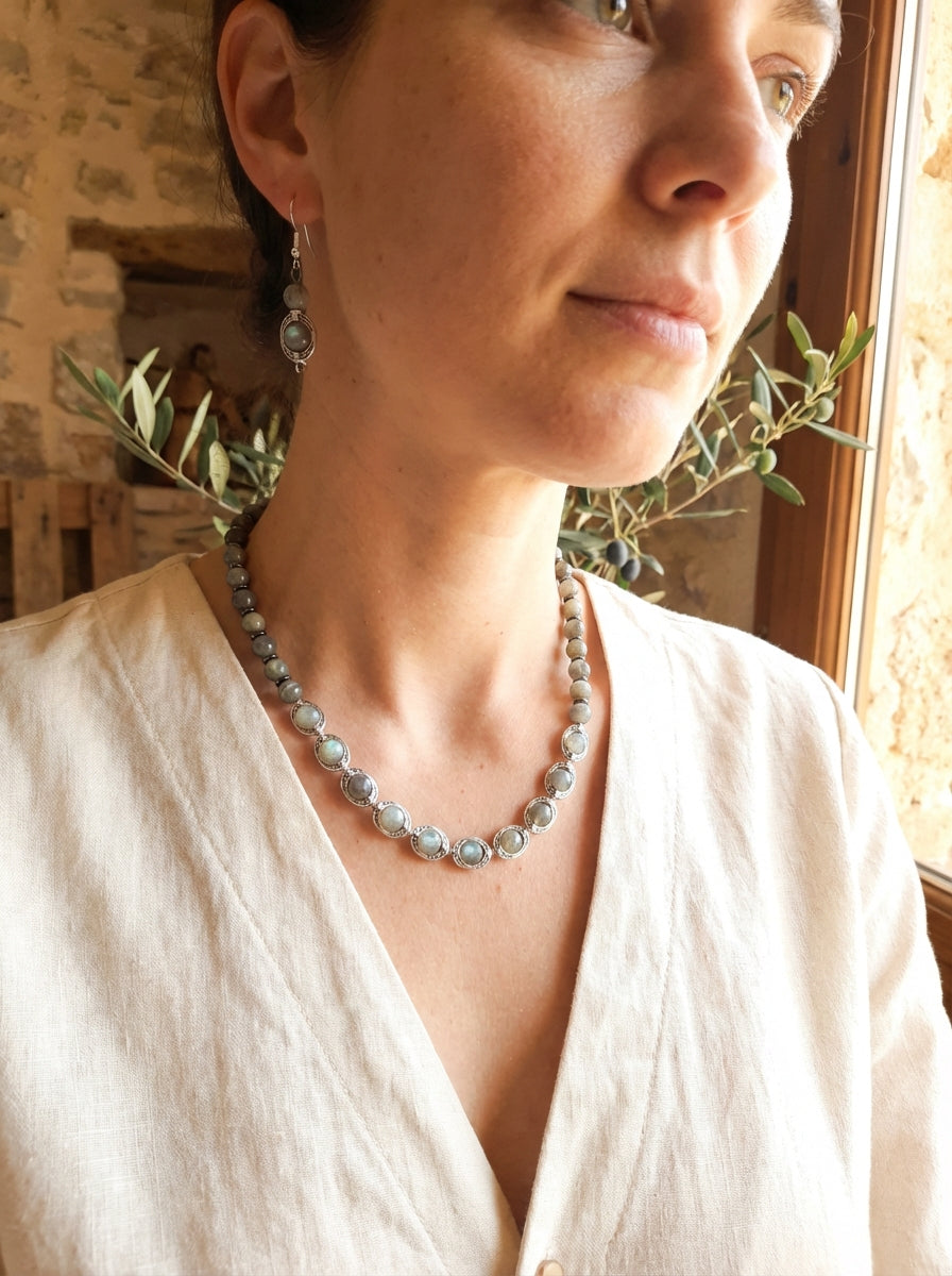 Labradorite Necklace and Earrings Set with Silver-Tone Settings