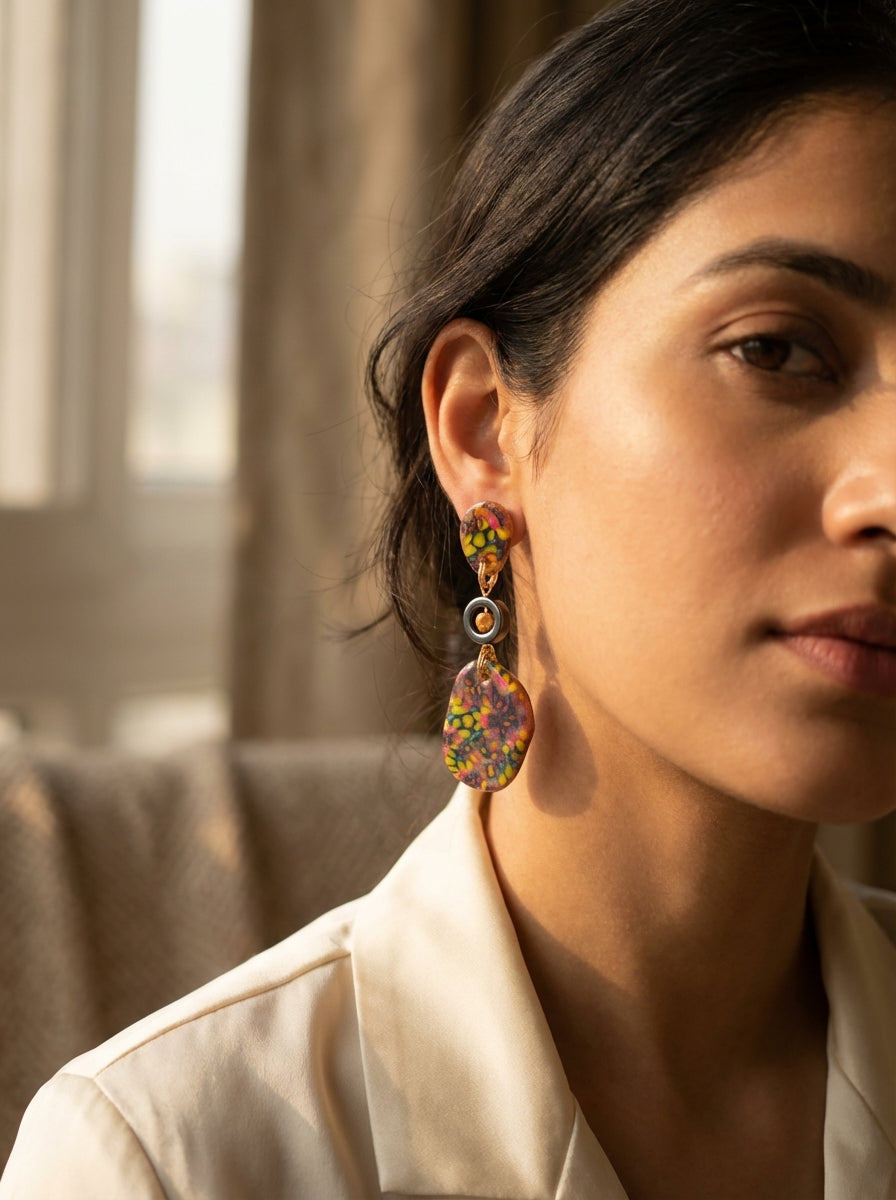 Multicolour Clay Statement Earrings with Hematite & Freshwater Pearls