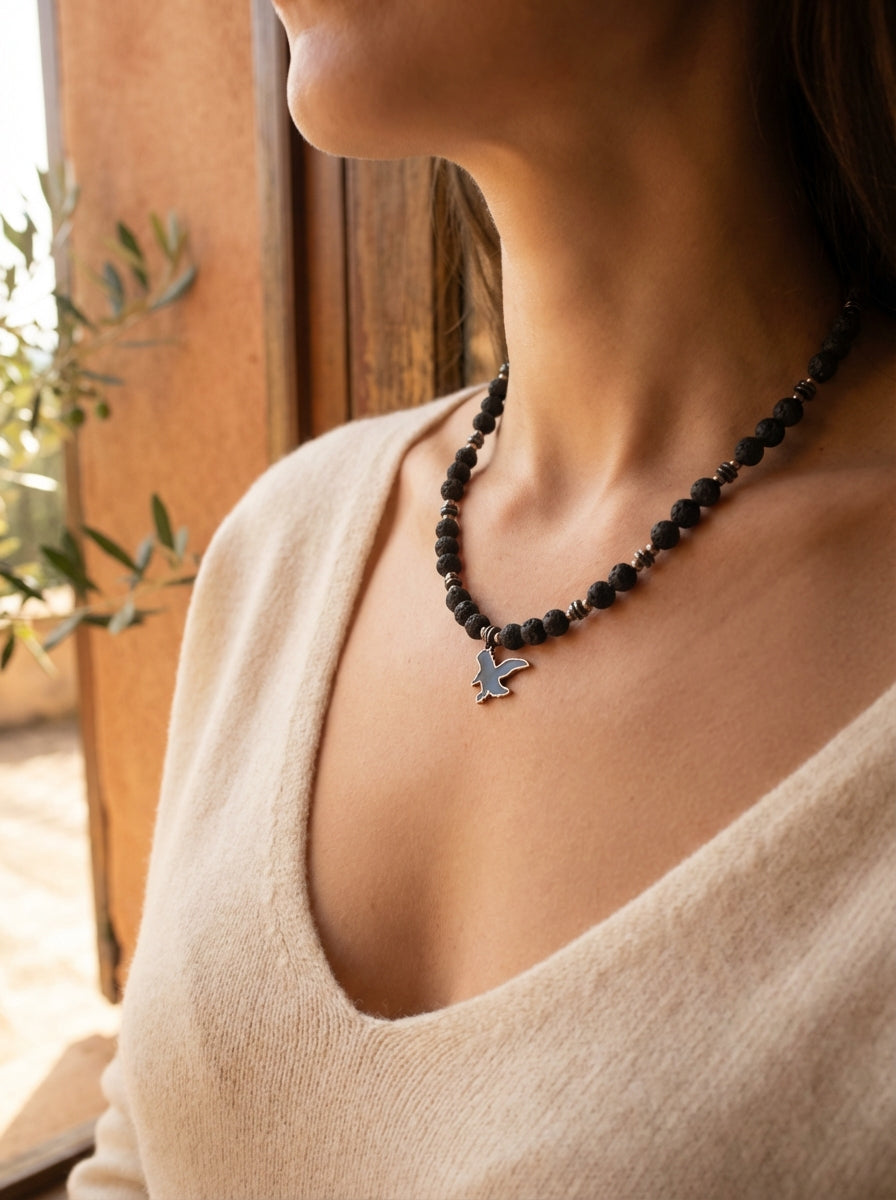 Lava Stone Necklace with Bronze Eagle Charm