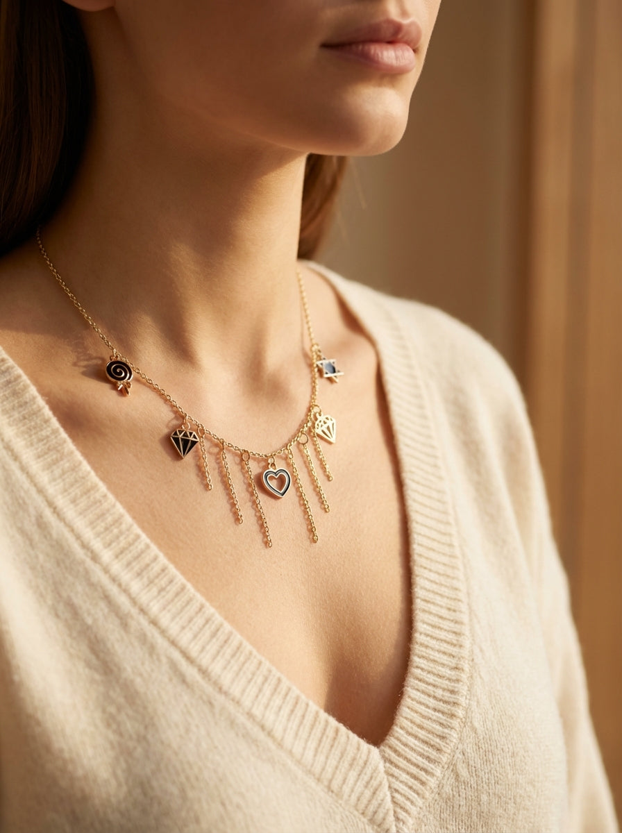 Gold-Plated Charm Necklace with Cascading Chains & Mixed Symbols
