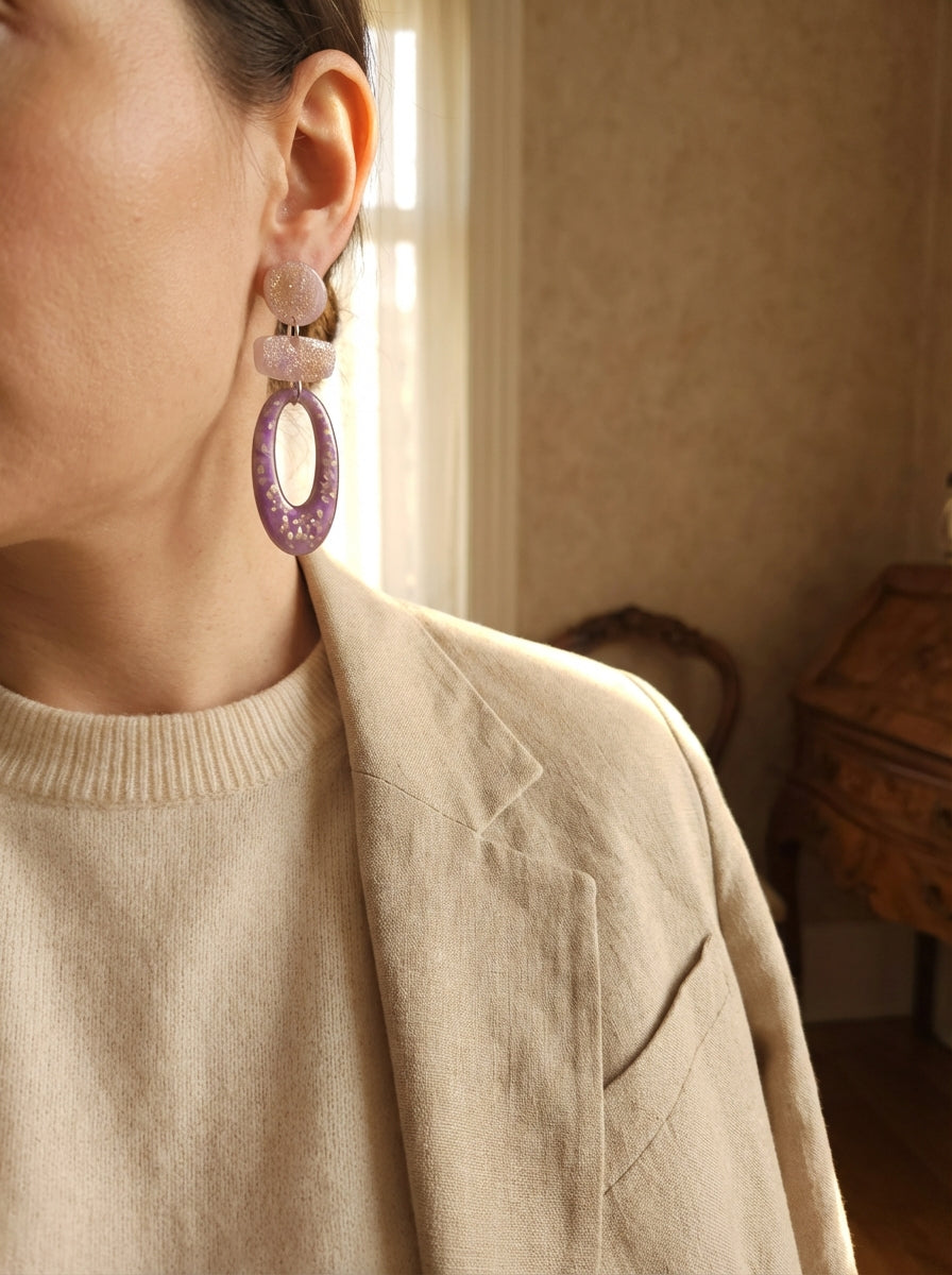 Lavender & Pink Resin Statement Earrings with Gold Flakes