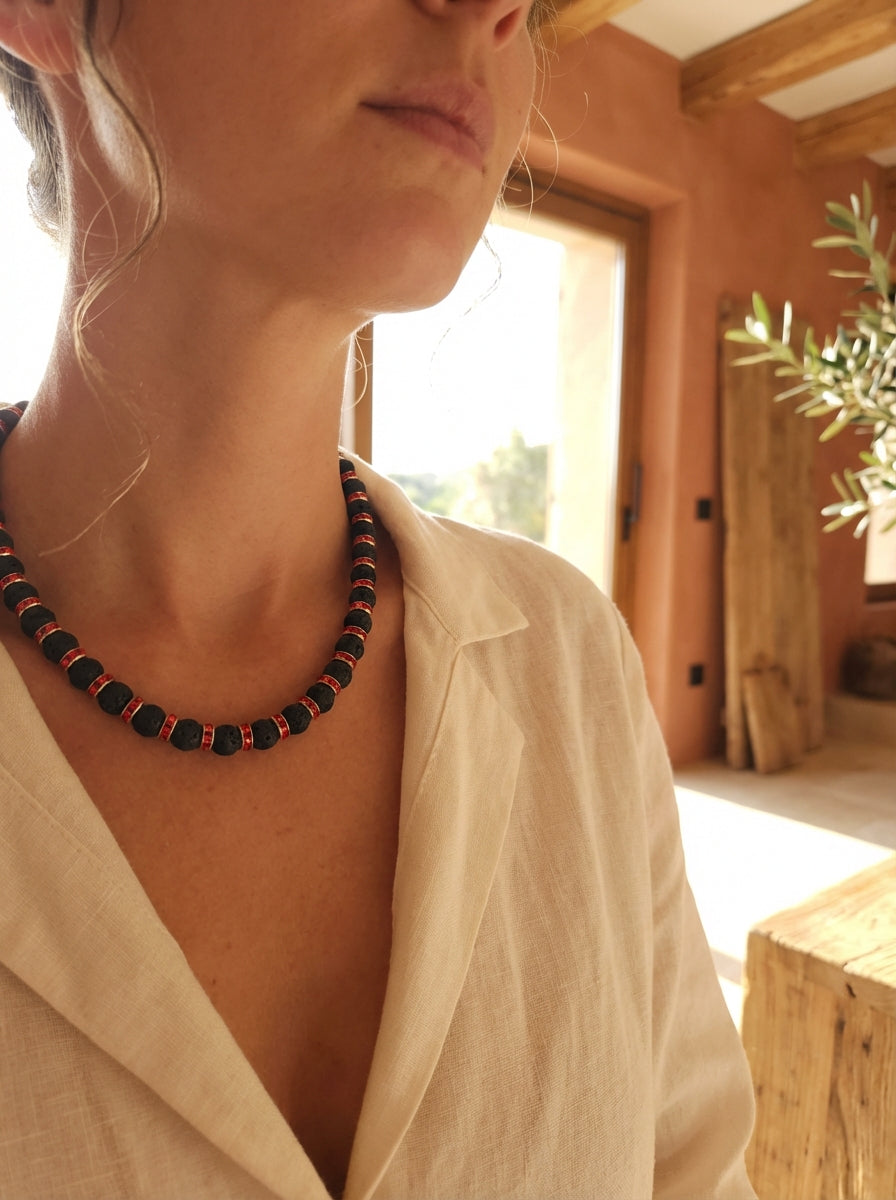 Lava Stone Necklace with Red Crystal Spacers