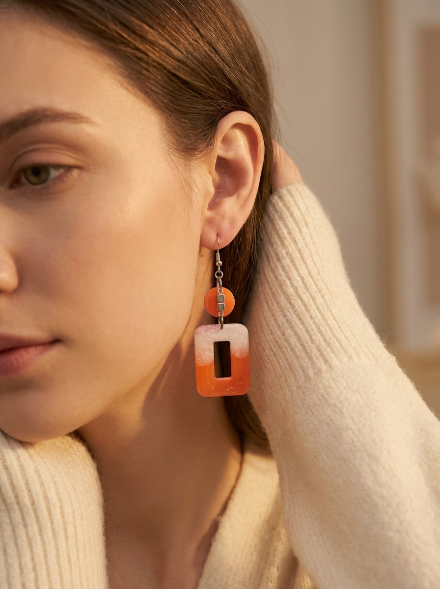 Orange & White Resin Drop Earrings with Glitter