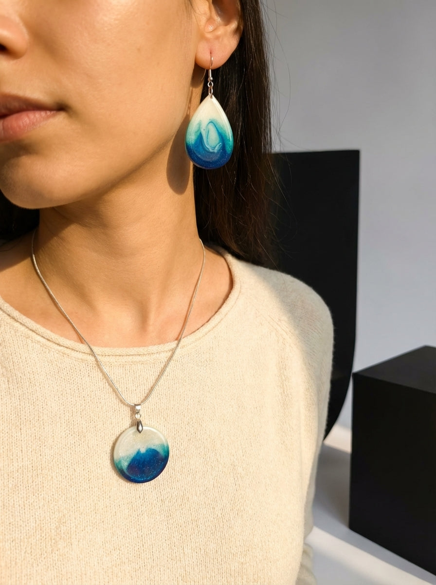 Ocean Wave Effect Pendant and Teardrop Earrings Set