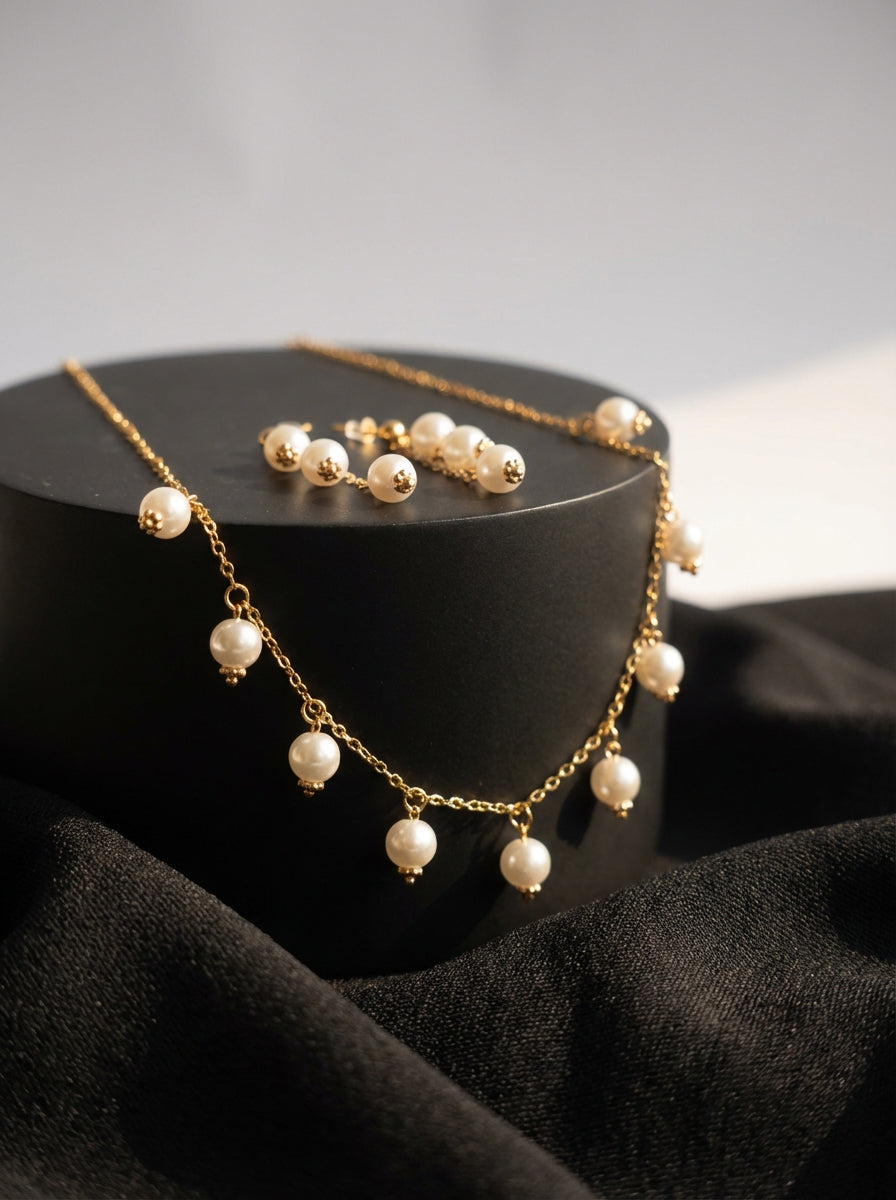 Gold Plated Pearl Drop Necklace and Earrings Set