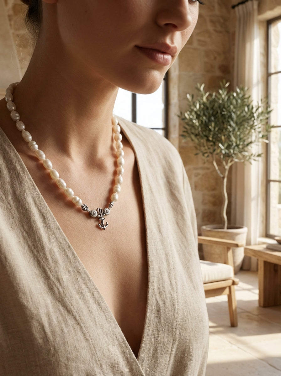 Freshwater Pearl Necklace with Silver Floral Accents