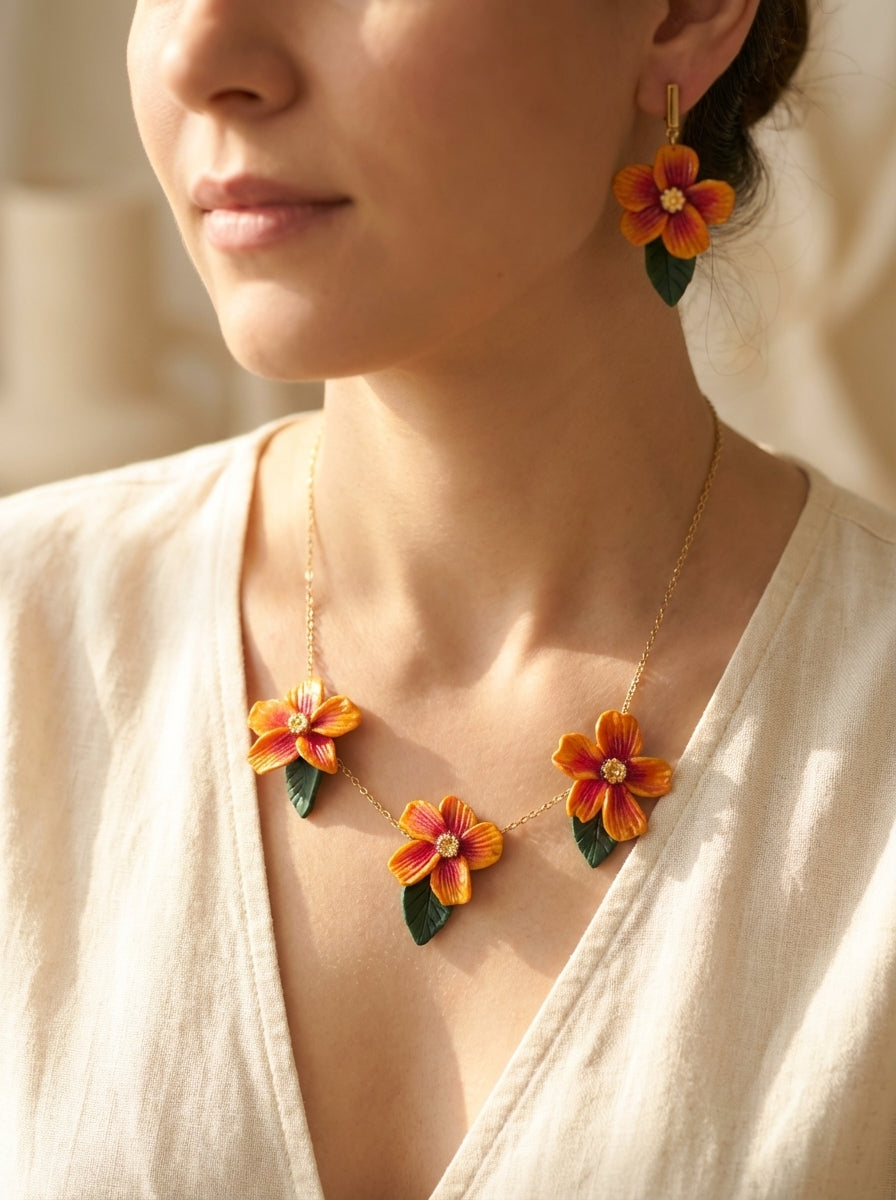 Luxe Orange Flower Necklace and Earrings Jewellery Set