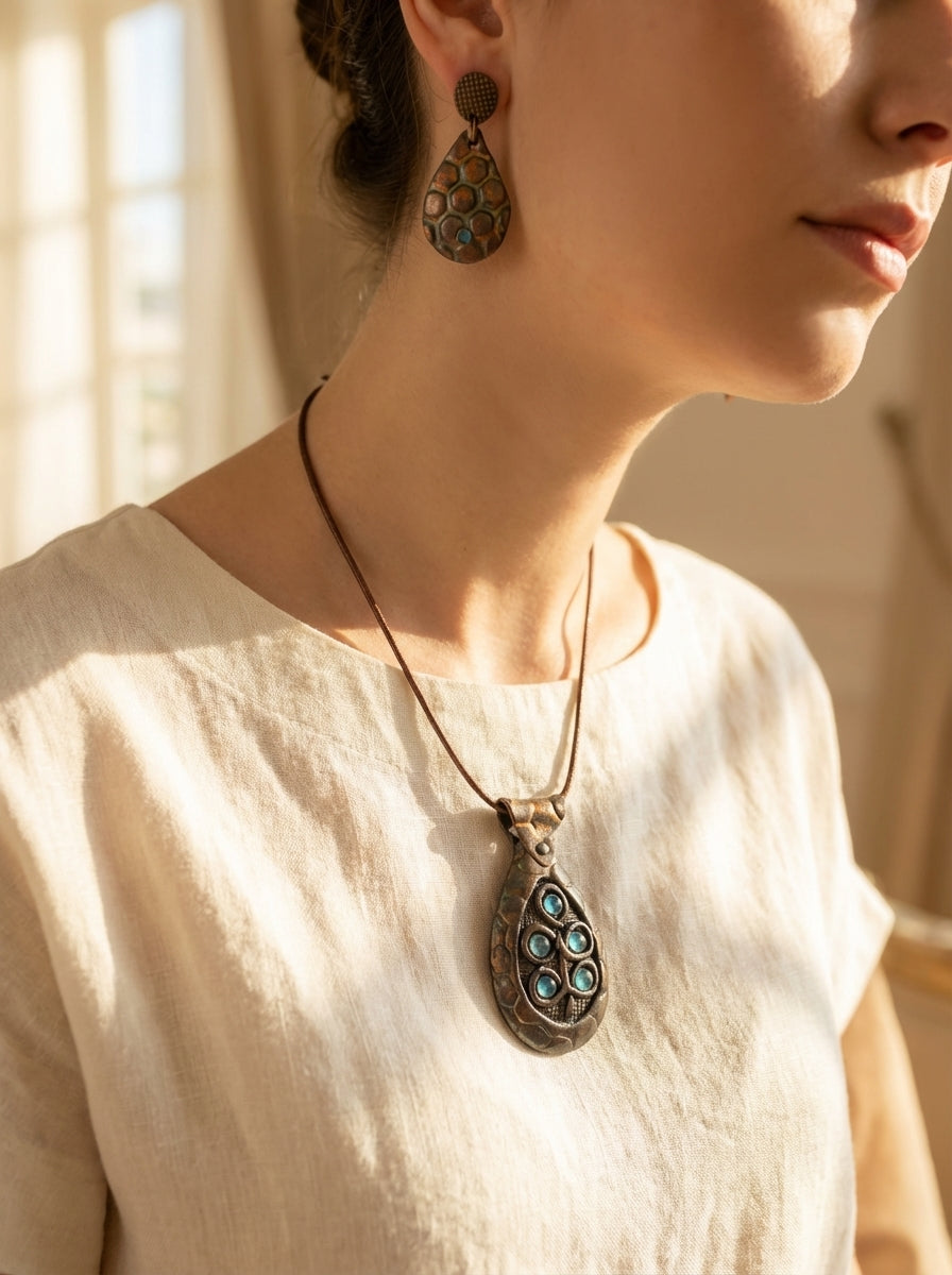 Textured Metallic Bronze Necklace and Drop Earrings Set