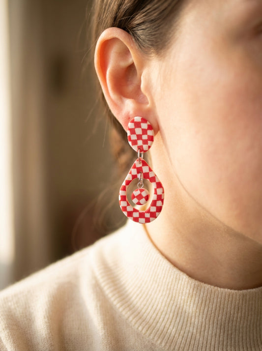 Handcrafted Red & White Checkerboard Clay Statement Earrings