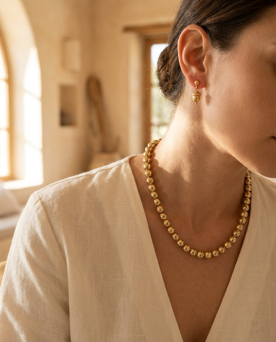 Gold-Plated Beaded Necklace and Stud Earrings Set
