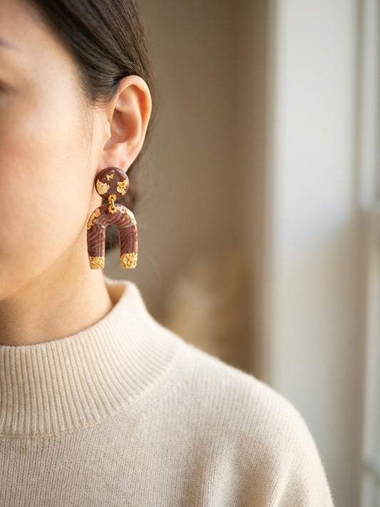 Chocolate & Gold Clay Arch Earrings – Handmade Statement Earrings