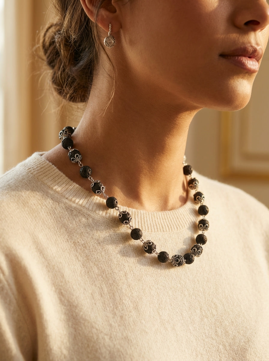 Genuine Lava Stone Necklace with Silver Accents