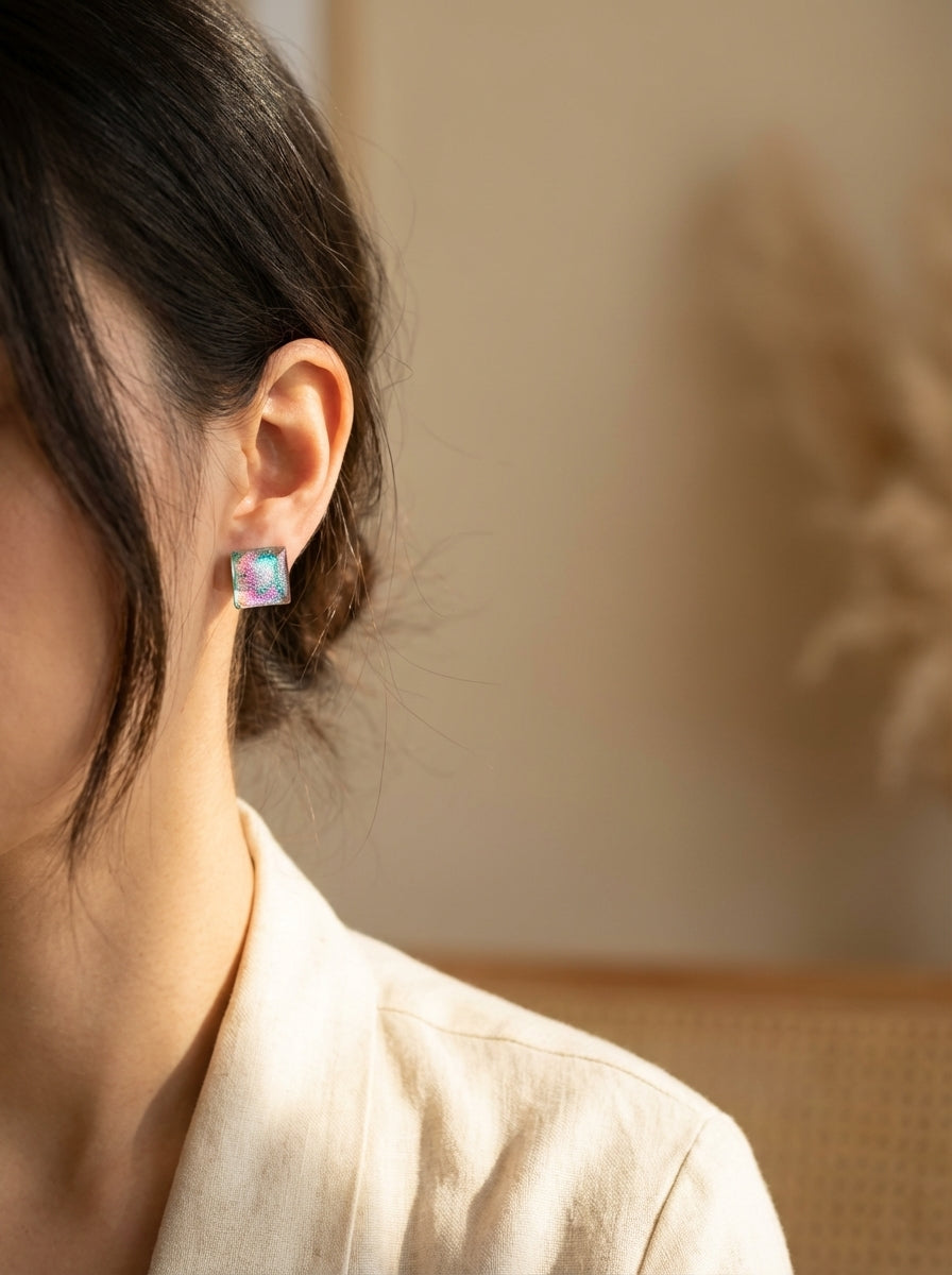 Iridescent Metallic Pigment Square Earrings