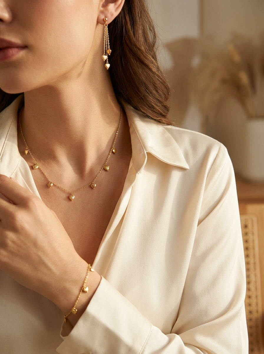 Gold-Plated Heart Charm Jewelry Set - Necklace, Bracelet & Earrings