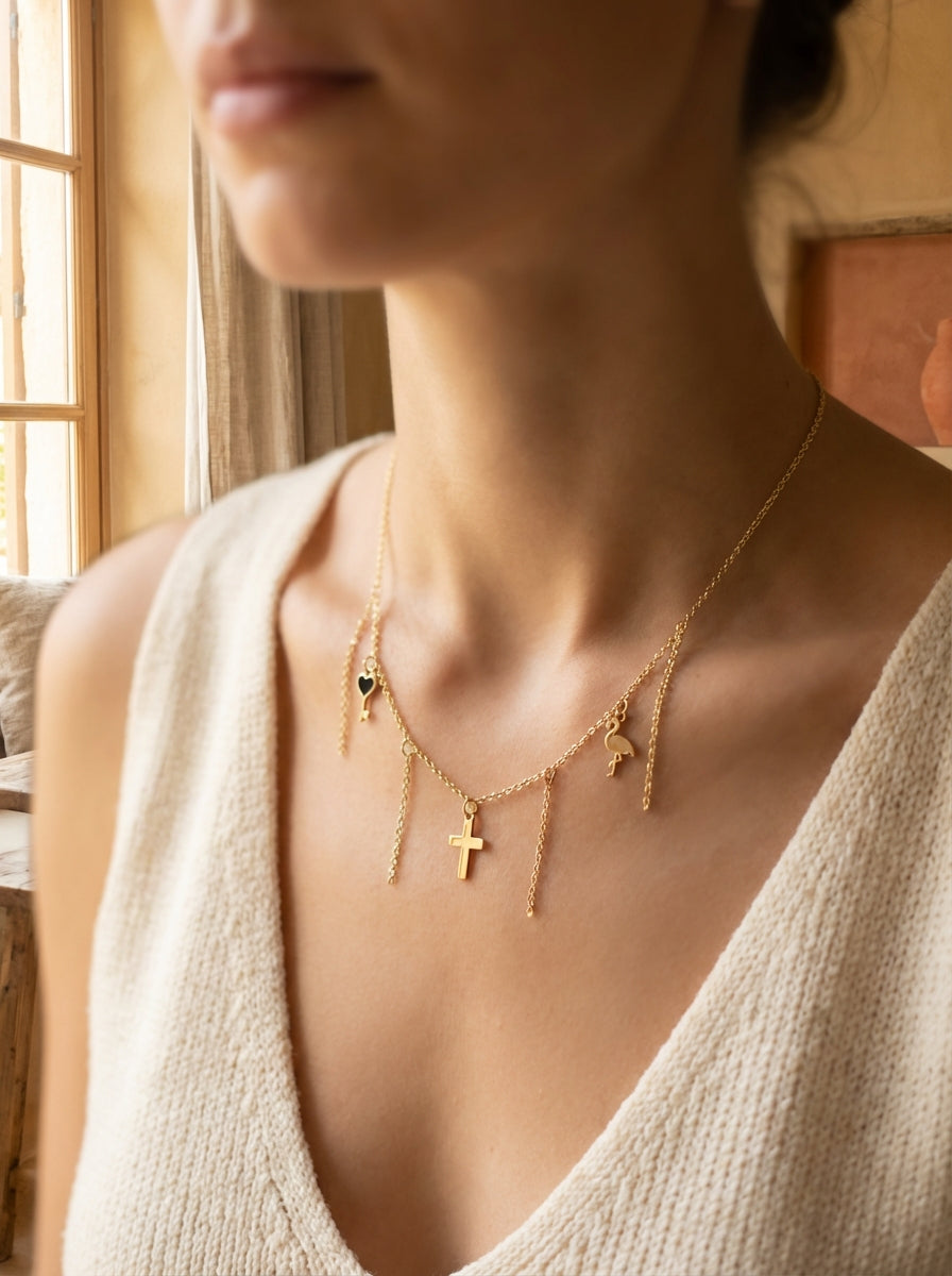 Gold-Plated Cross Charm Necklace with Cascading Chain Tassels
