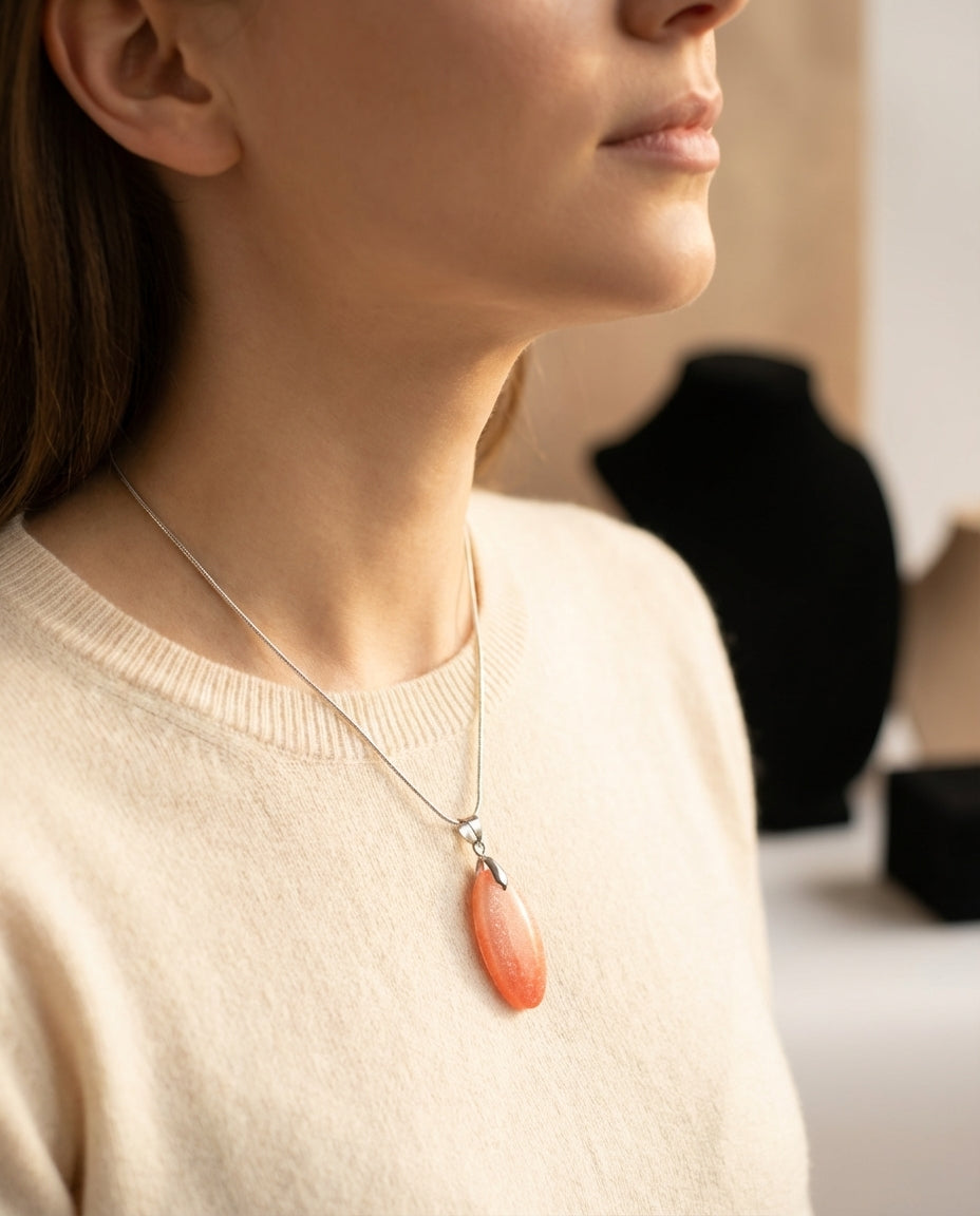 Orange Coral Shimmer Teardrop Pendant Necklace