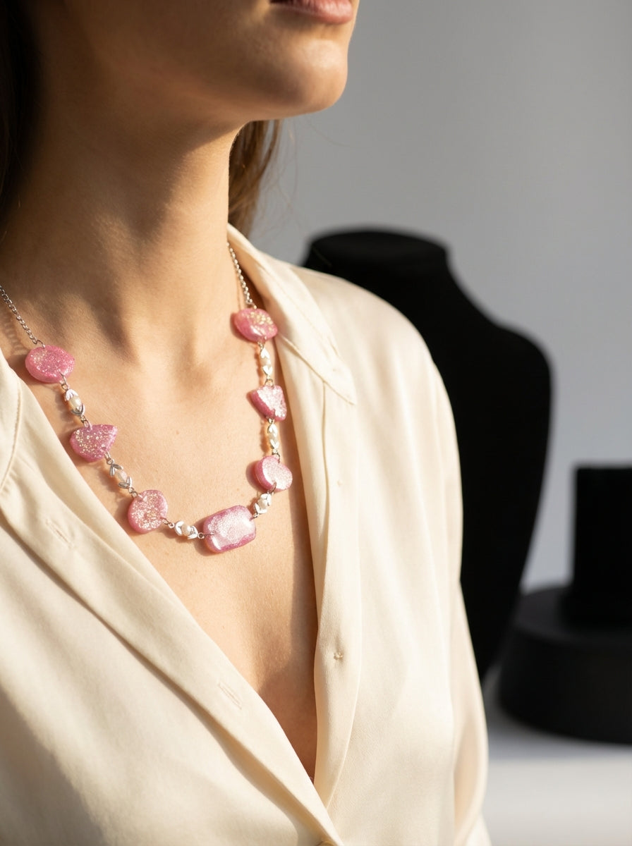 Handcrafted Pearl & Resin Necklace with Golden Accents