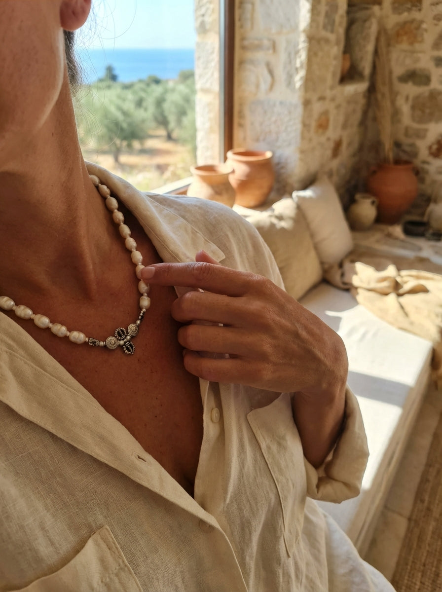 Freshwater Pearl Necklace with Silver Floral Accents