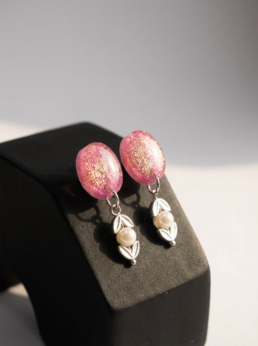 Pink Resin & Pearl Earrings with Silver Colour Heart Details