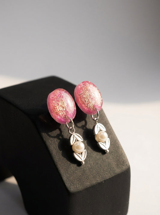 Pink Resin & Pearl Earrings with Silver Colour Heart Details